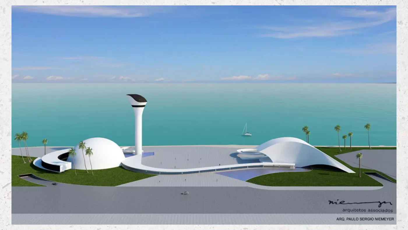 Perspectiva do projeto do Aquário de Maricá, com volumes brancos e implantação junto ao mar