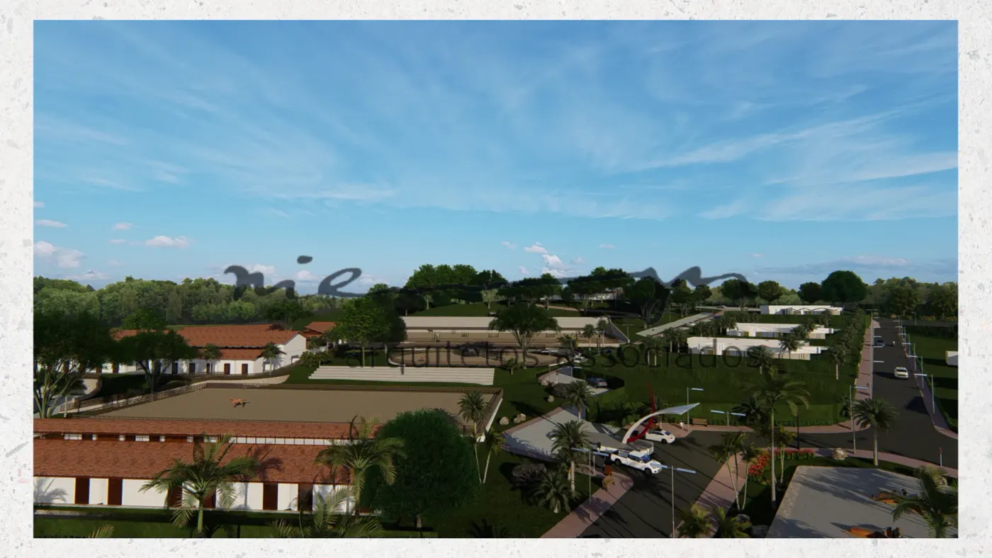 Perspectiva aérea do projeto Búzios Country Club, com áreas esportivas, edificações e paisagismo