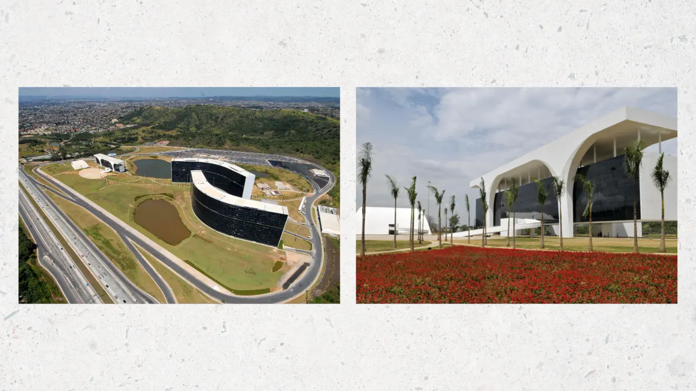 Vistas da Cidade Administrativa de Minas Gerais, com edifícios curvos e estrutura monumental branca