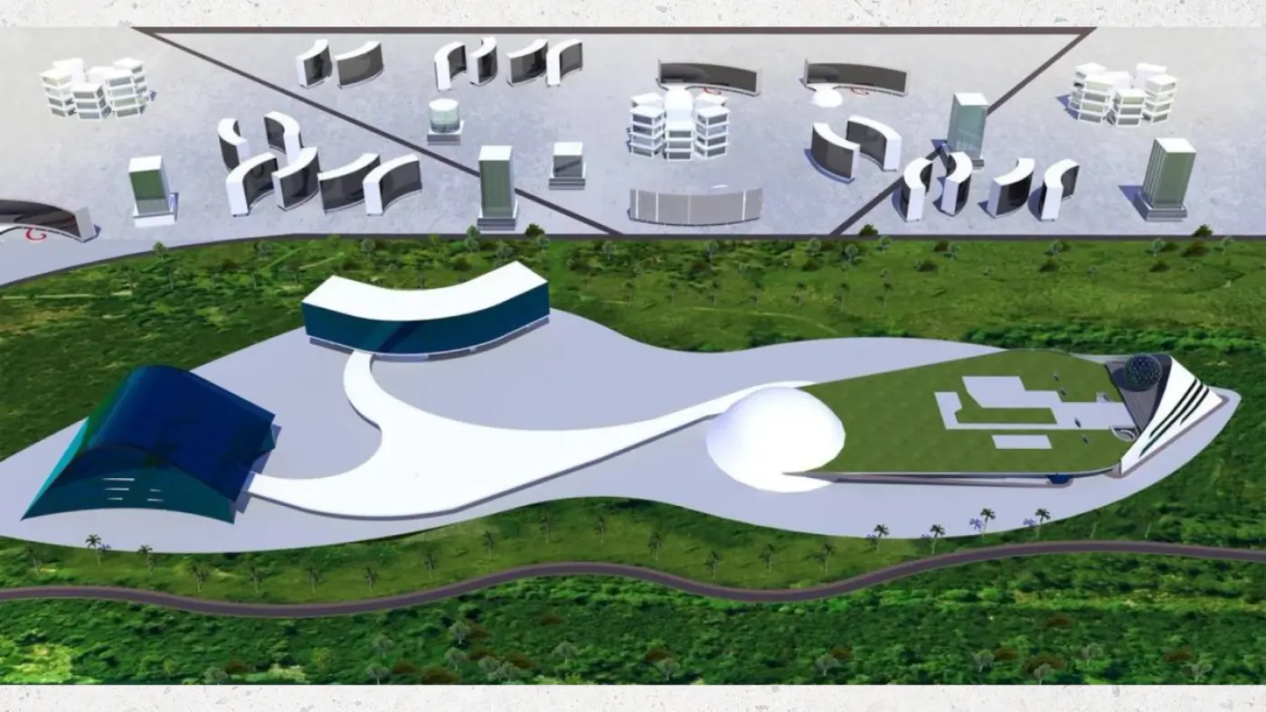 Perspectiva geral do estudo urbano Nova Cidade Duque de Caxias, com edifícios curvos e áreas públicas