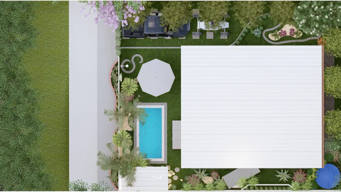 Vista superior do projeto residencial em Jericoacoara, com casa, jardim e piscina